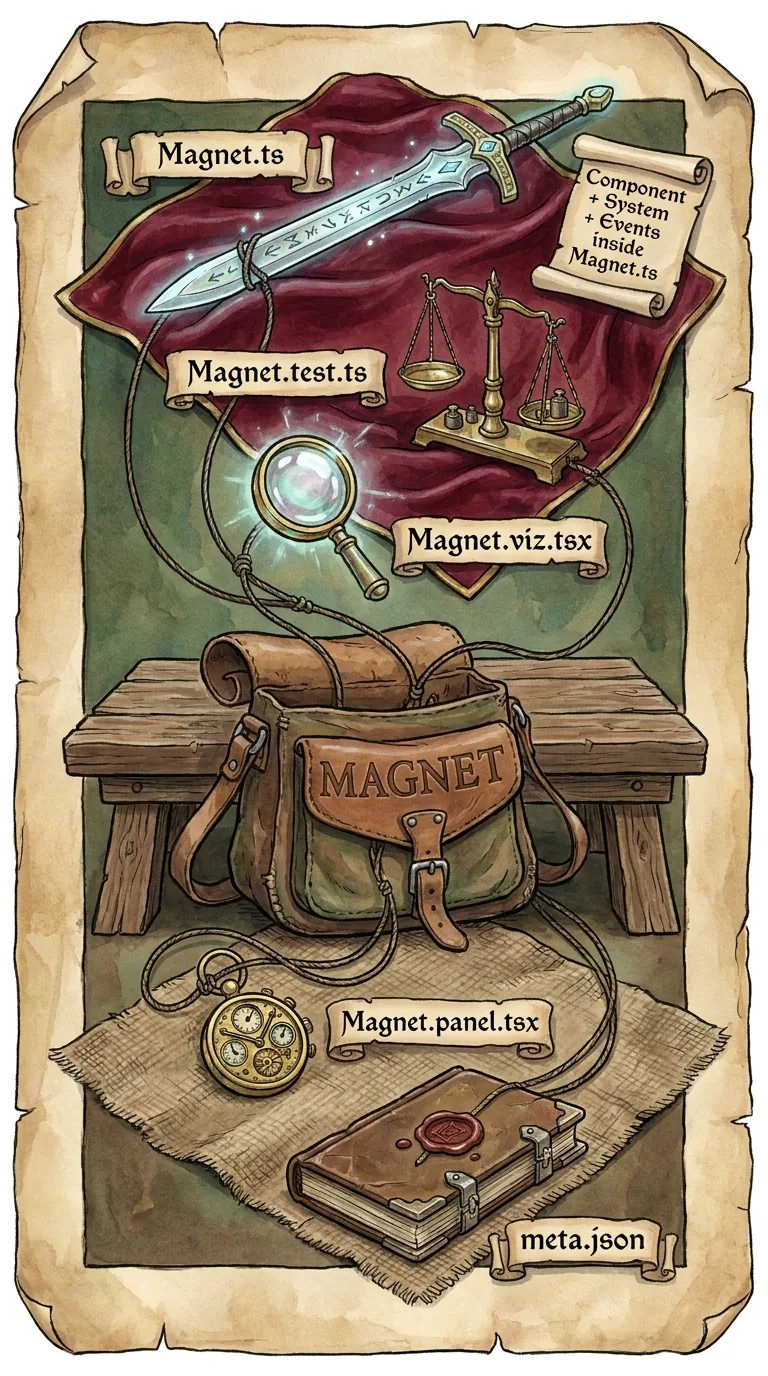 The Magnet component folder: a main file, a test, and meta.json laid out like tools in a kit