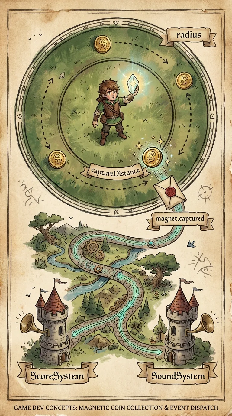 A hero holding a lodestone with a pull radius drawn around them, coins drifting inward, and a captured event flying off to other systems