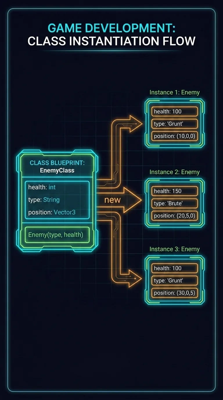 dark-navy neon-wireframe diagram: a glowing class blueprint on the left labelled with fields and a constructor, an arrow marked new stamping out three identical wireframe instances on the right, each with its own data slots