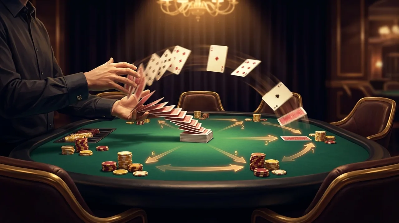 A dealer's hands sending a fanned stream of glossy playing cards arcing across an emerald-green felt table, several cards caught mid-flight toward seats around the rim, a freshly shuffled deck stacked at center, faint glowing numbered arrows tracing the round-robin deal order from seat to seat, warm overhead light, near-black surround.
