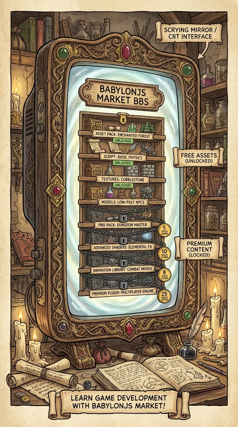 A retro terminal library screen listing community components on shelves, some unlocked and some marked for members, drawn as 90s instruction-manual art