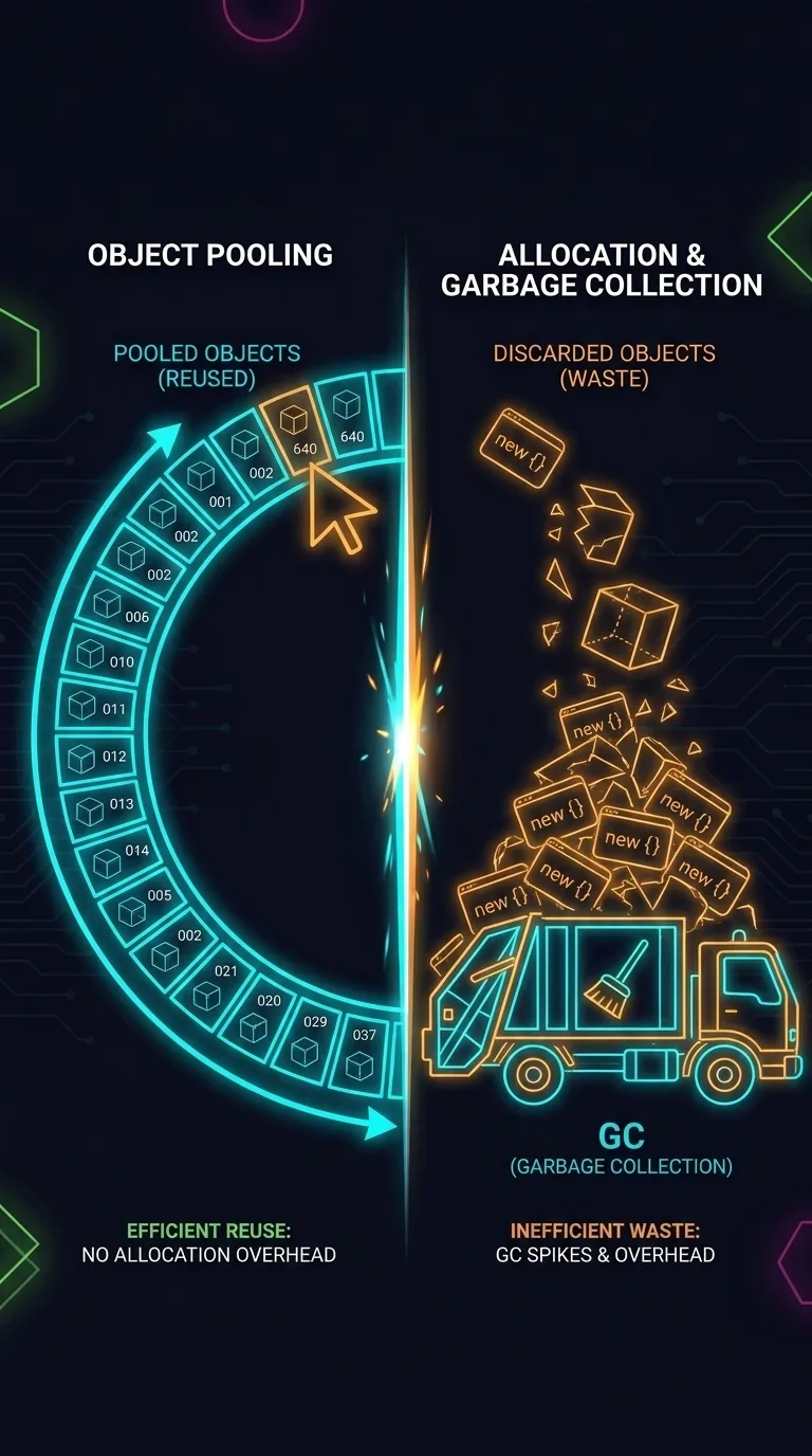 Dark navy neon-wireframe diagram: on the left, a glowing closed ring of 640 numbered event-object slots with an arrow-pointer cycling around it (the pool being reused); on the right, by contrast, a chaotic pile of discarded "new " objects being scooped up by a garbage truck labeled "GC". A bright divider separates the calm reused ring from the wasteful pile-and-truck