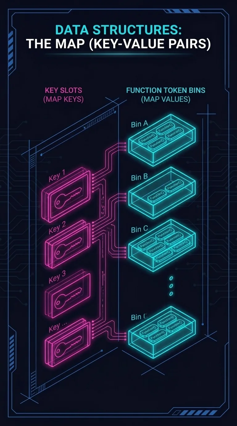 A dark navy schematic, glowing magenta and cyan neon wireframe, depicting a Map drawn as a row of labeled key slots on the left connected by glowing lines to small bins on the right, each bin holding several identical function tokens, the whole thing framed like an engineering blueprint, isometric, clean, minimal text