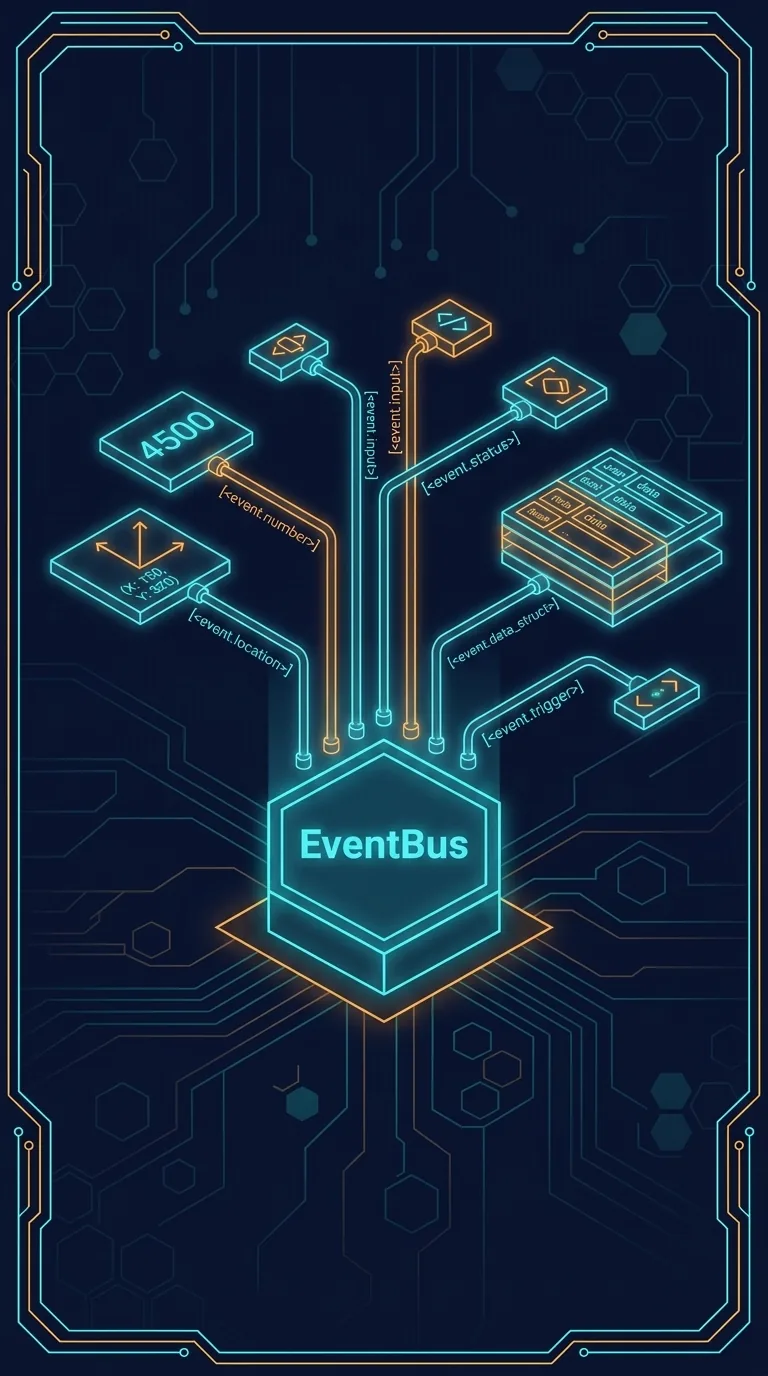 A dark navy circuit-board diagram, glowing cyan neon wireframe, showing a single labeled "EventBus" box in the center with thin glowing pipes flowing into it from many small differently-shaped data packets (a number tile, a coordinate pair, a struct), each pipe tagged with a bracketed angle-bracket label, isometric, blueprint aesthetic, no text clutter