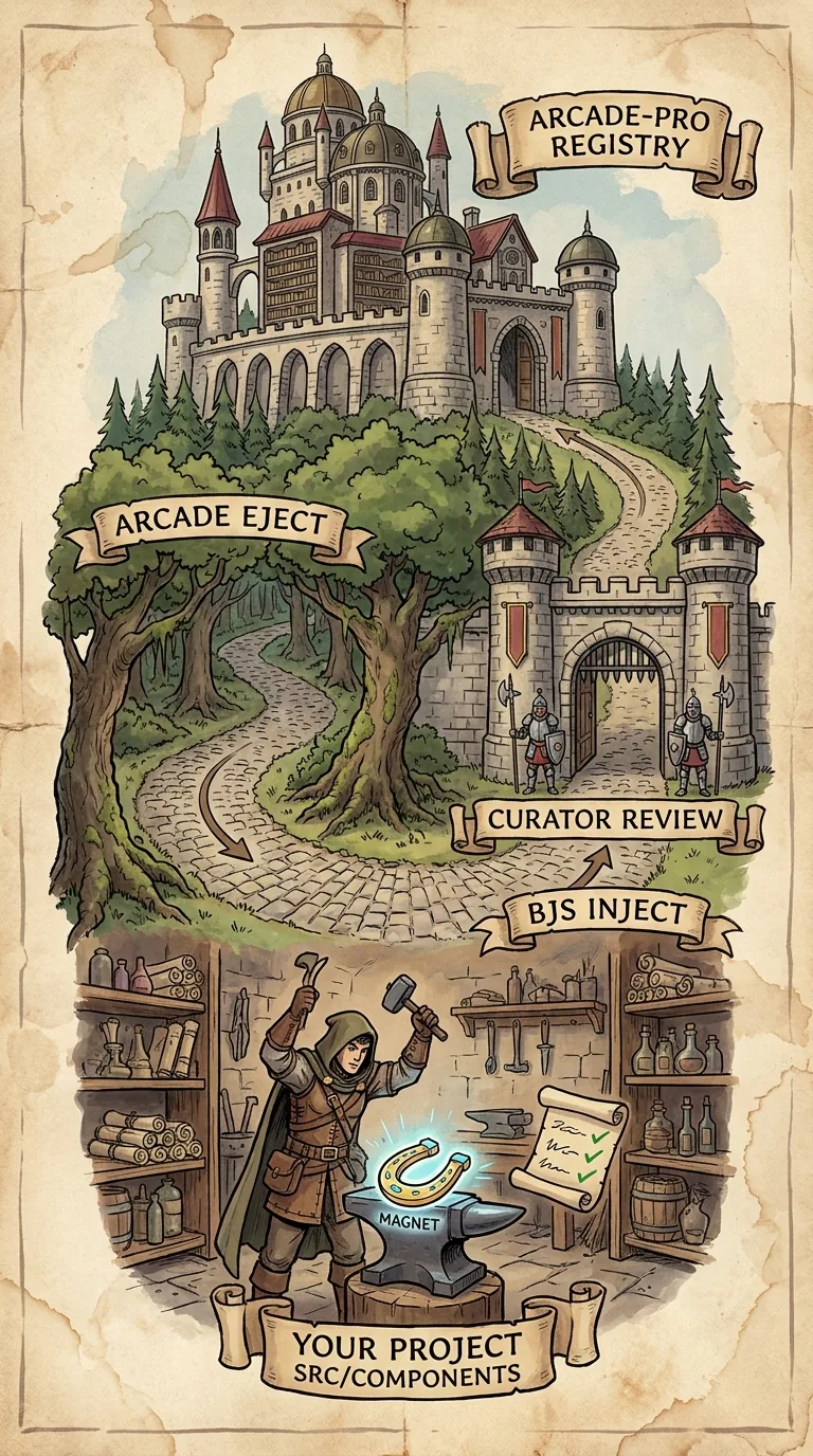 The full round trip: a community component you ejected, plus the one you built, share one folder shape that bjs inject sends back up through curator review into the marketplace