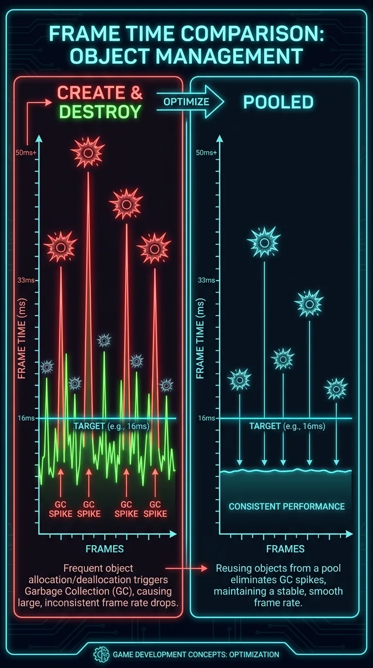 Side-by-side frame time comparison chart on a dark background, neon style: left panel labeled create and destroy shows a jagged green frame time line with tall red garbage collection spikes aligned to bullet burst icons; right panel labeled pooled shows the same bullet bursts above a flat smooth cyan frame time line