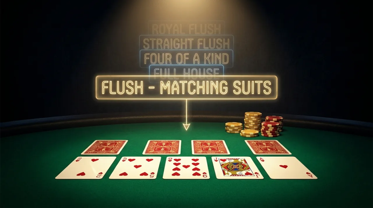 Five face-up community cards laid in a row on emerald felt with a glowing holographic readout above them highlighting the winning combination — a flush of matching suits lit in luminous gold — fainter ranked hand tiers ghosted behind, cream-white cards with crimson and gold accents on near-black, precise and dramatic.