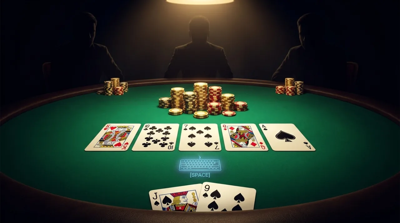A complete Texas Hold'em poker table rendered from a dramatic three-quarter angle: emerald-green felt under a warm overhead spotlight, the flop-turn-river community cards laid face-up at center, the player's two hole cards fanned at the bottom edge, stacks of gold chips and a central pot, three shadowy opponents around the far rim, a faint glowing keyboard-key prompt marking the player's turn — the whole finished game in one cinematic high-stakes shot, near-black surround.