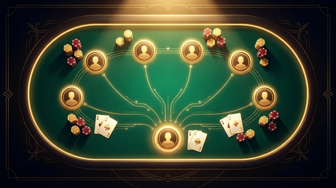 A clean top-down schematic of a poker table: the human player's seat glowing at the bottom edge and opponent seats arranged in a graceful half-ellipse across the top, each seat marked with a luminous position node and faint connecting guide-lines on emerald felt, a precise diagram-over-baize look, warm gold accents on near-black.