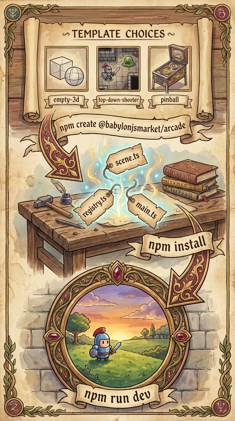 Three vertical stages connected by drawn arrows: at the top, an unrolled scroll listing template choices; in the middle, a wooden workbench with project files materializing, small parchment tags reading scene.ts, registry.ts, and main.ts; at the bottom, an ornately framed window showing a small game scene with a capsule hero standing on a green field under a sunset sky; the arrows between stages are labeled npm create @babylonjsmarket/arcade, npm install, and npm run dev, hand-painted in the style of a 1990s video game instruction manual, classic fantasy RPG manual illustration, soft gouache and watercolor shading over confident ink outlines, aged parchment background, muted earthy palette with gold, deep red, and forest green accents