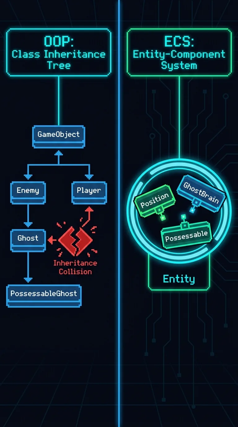 Side-by-side comparison diagram: left side shows a rigid OOP class inheritance tree labeled GameObject, Enemy, Ghost, PossessableGhost with a red broken diamond where Ghost and Player branches collide; right side shows an ECS entity as a simple ring container holding three detachable component blocks labeled Position, GhostBrain, and Possessable, dark background, neon green and cyan accents, arcade pixel styling