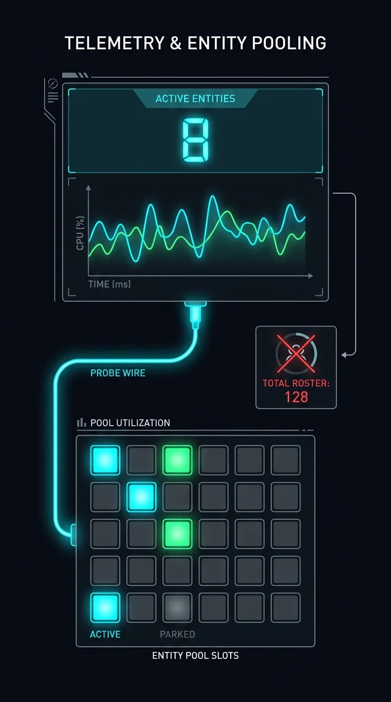 Telemetry readout panel on a dark background showing a large active-entity count above a pulsing line graph, connected by a glowing probe wire to a grid of pooled entity slots where a few glow bright as active and the rest sit dim as parked, a crossed-out counter labeled total roster off to one side. Dark near-black background with cyan and green neon accents, clean technical diagram style.