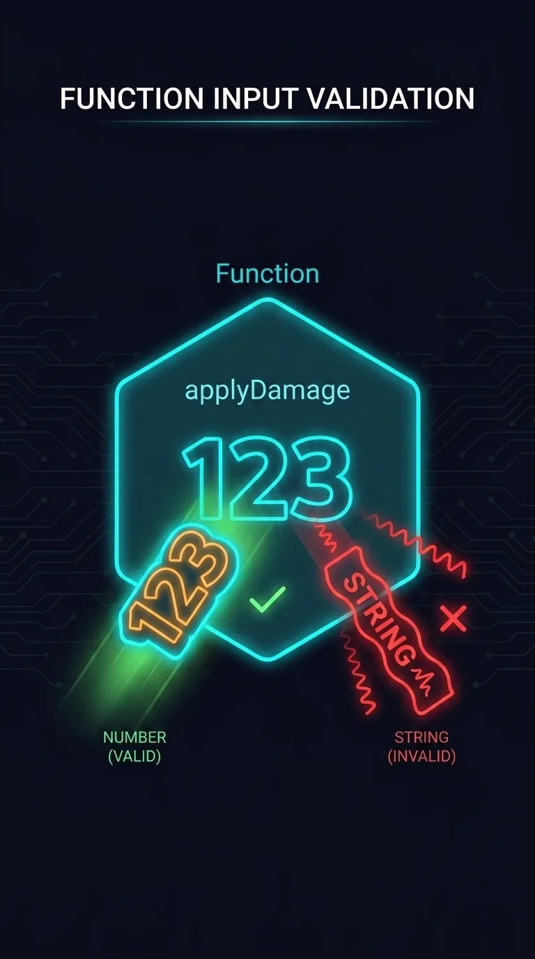 Dark navy neon-wireframe diagram: a glowing function box labeled applyDamage with a number-shaped slot on its input; a string token shaped wrong bounces off the slot with a red warning squiggle, while a number token slots cleanly in green