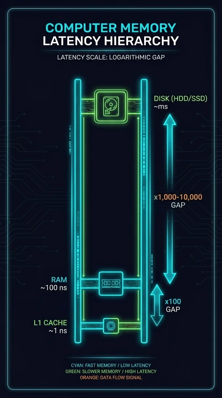 A vertical latency ladder rendered as a neon-wireframe diagram on dark navy, each rung labeled and spaced to scale: a tiny rung near the bottom marked "L1 cache ~1 ns", a rung roughly 100 times higher marked "RAM ~100 ns", and a far higher rung marked "disk", the enormous gaps between rungs emphasized to show these are not small differences but wildly different scales